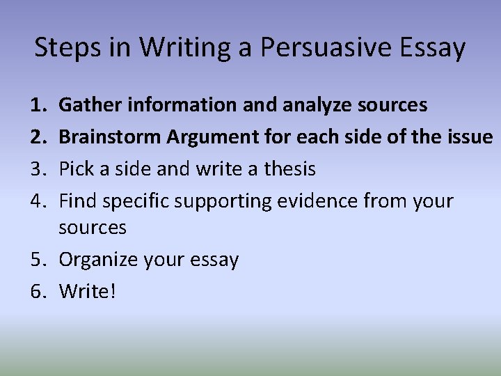 Steps in Writing a Persuasive Essay 1. 2. 3. 4. Gather information and analyze