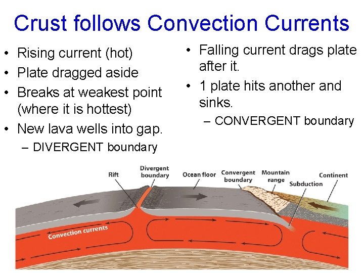 Crust follows Convection Currents • Rising current (hot) • Plate dragged aside • Breaks