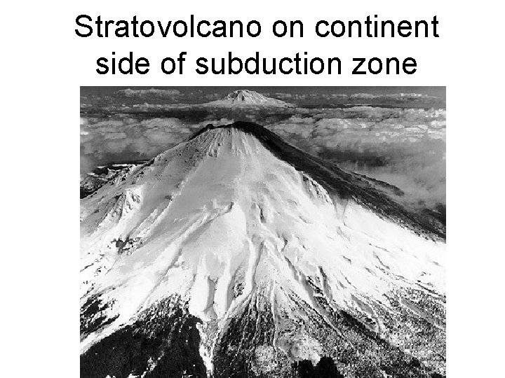 Stratovolcano on continent side of subduction zone 