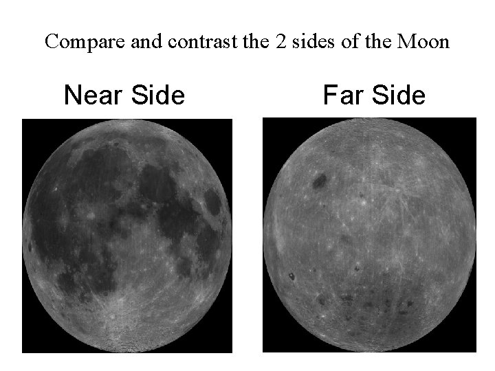 Compare and contrast the 2 sides of the Moon Near Side Far Side 