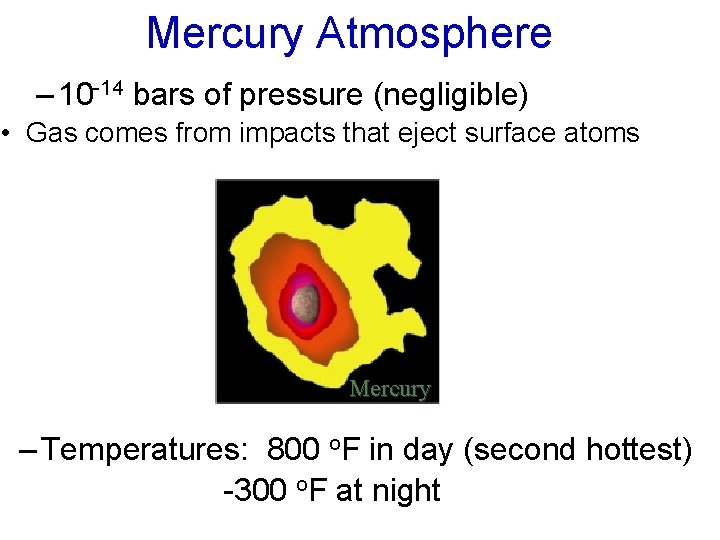 Mercury Atmosphere – 10 -14 bars of pressure (negligible) • Gas comes from impacts