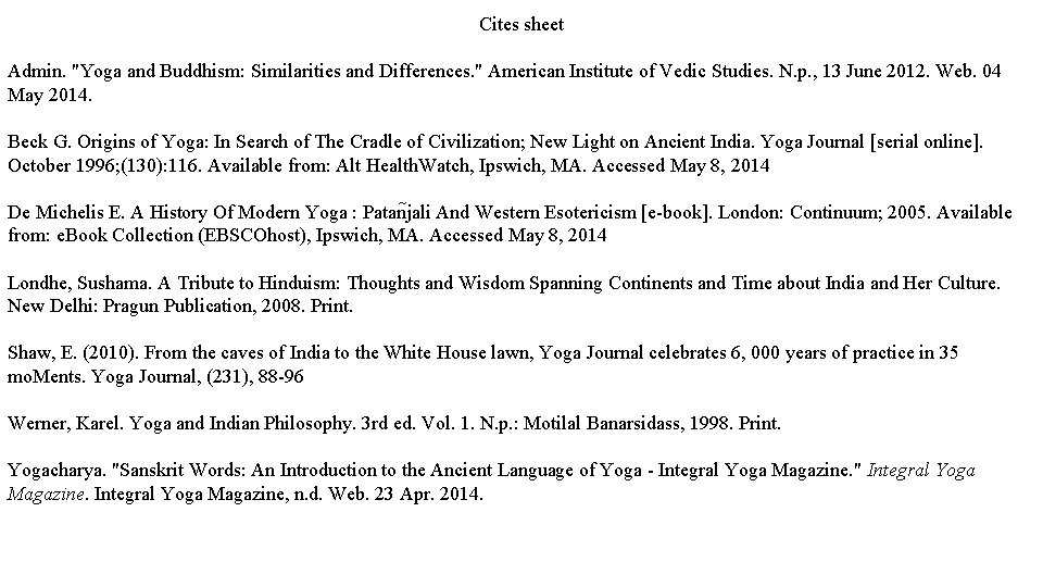 Cites sheet Admin. "Yoga and Buddhism: Similarities and Differences. " American Institute of Vedic