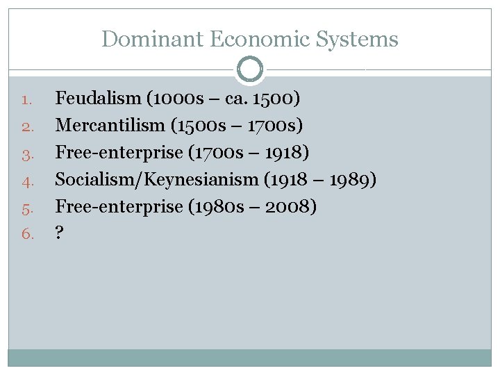 Dominant Economic Systems 1. 2. 3. 4. 5. 6. Feudalism (1000 s – ca.