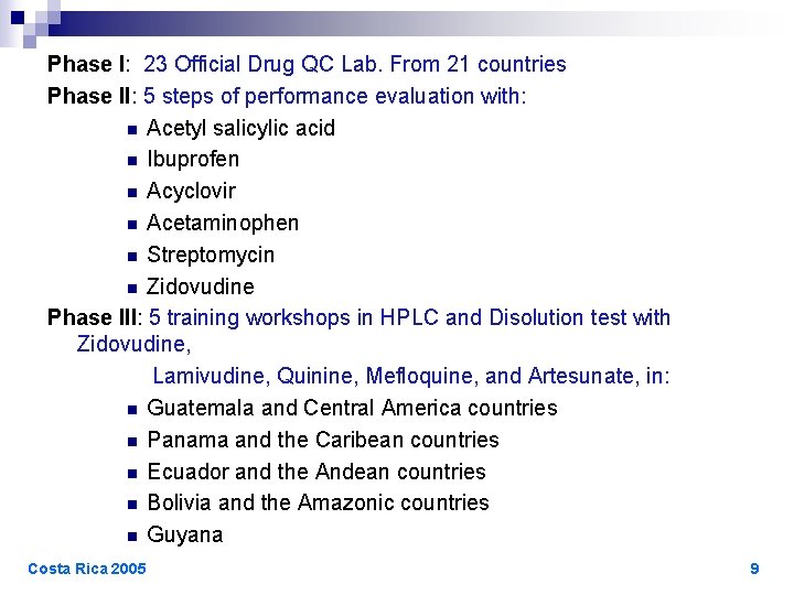 Phase I: 23 Official Drug QC Lab. From 21 countries Phase II: 5 steps