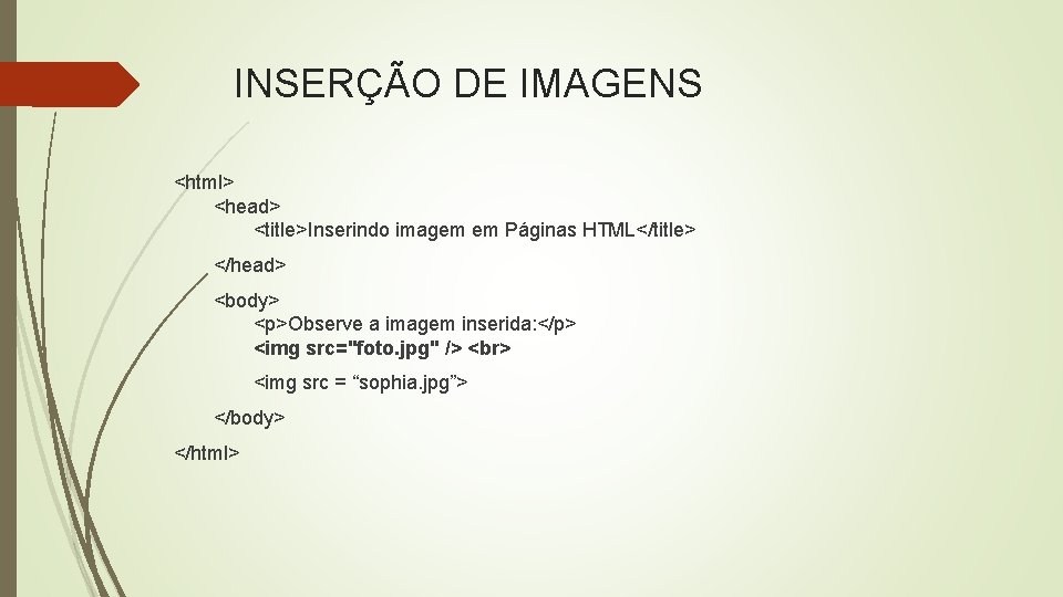 INSERÇÃO DE IMAGENS <html> <head> <title>Inserindo imagem em Páginas HTML</title> </head> <body> <p>Observe a