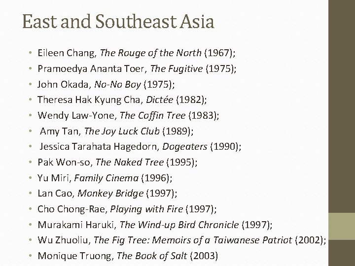 East and Southeast Asia • • • • Eileen Chang, The Rouge of the