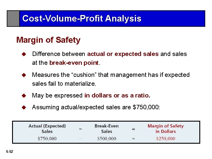 Cost-Volume-Profit Analysis Margin of Safety 5 -52 u Difference between actual or expected sales