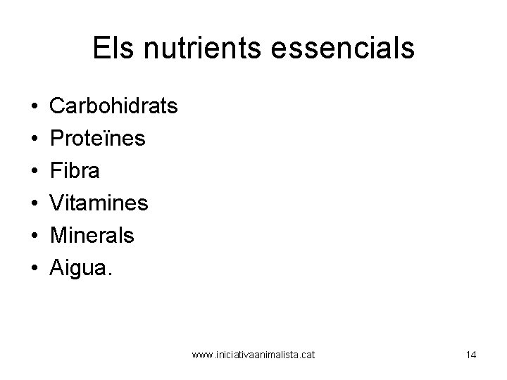 Els nutrients essencials • • • Carbohidrats Proteïnes Fibra Vitamines Minerals Aigua. www. iniciativaanimalista.
