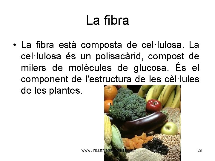 La fibra • La fibra està composta de cel·lulosa. La cel·lulosa és un polisacàrid,