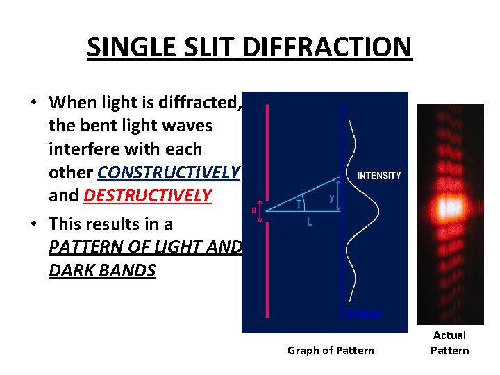 SINGLE SLIT DIFFRACTION • When light is diffracted, the bent light waves interfere with