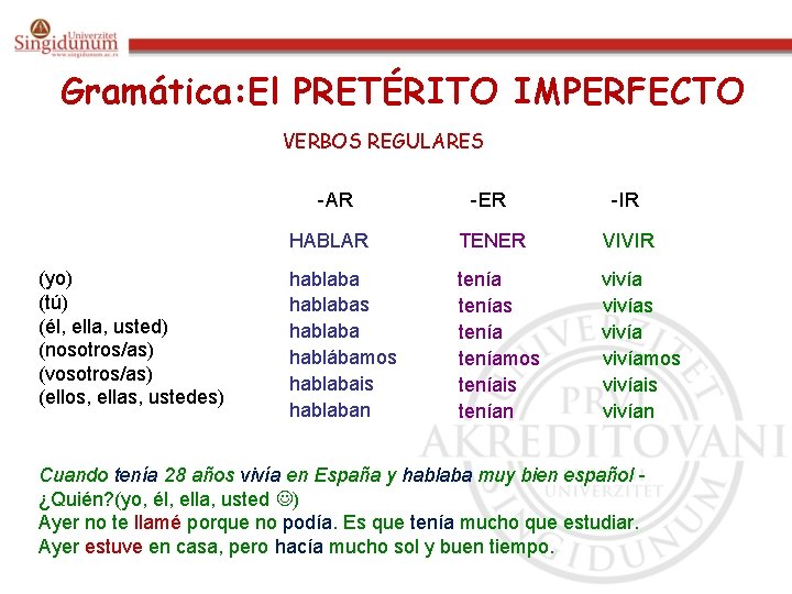 Gramática: El PRETÉRITO IMPERFECTO VERBOS REGULARES -AR (yo) (tú) (él, ella, usted) (nosotros/as) (vosotros/as)