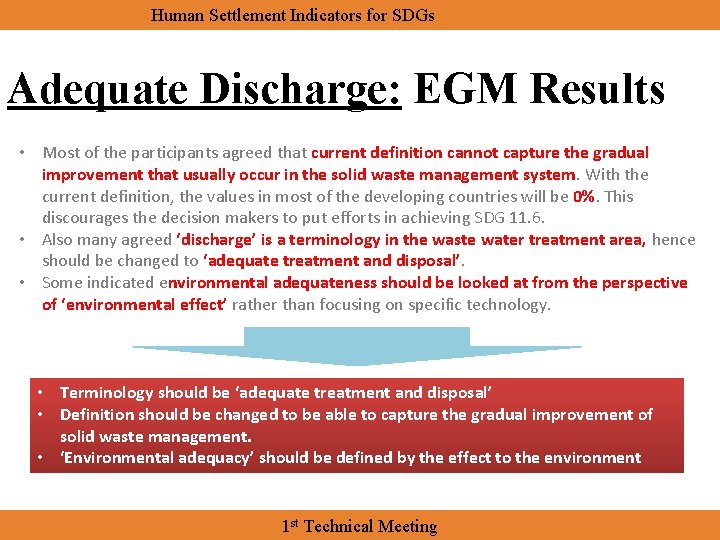 Human Settlement Indicators for SDGs Adequate Discharge: EGM Results • Most of the participants