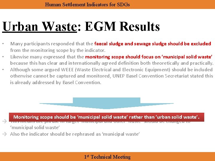 Human Settlement Indicators for SDGs Urban Waste: EGM Results • • • Many participants