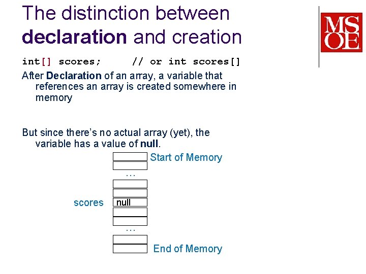 The distinction between declaration and creation int[] scores; // or int scores[] After Declaration