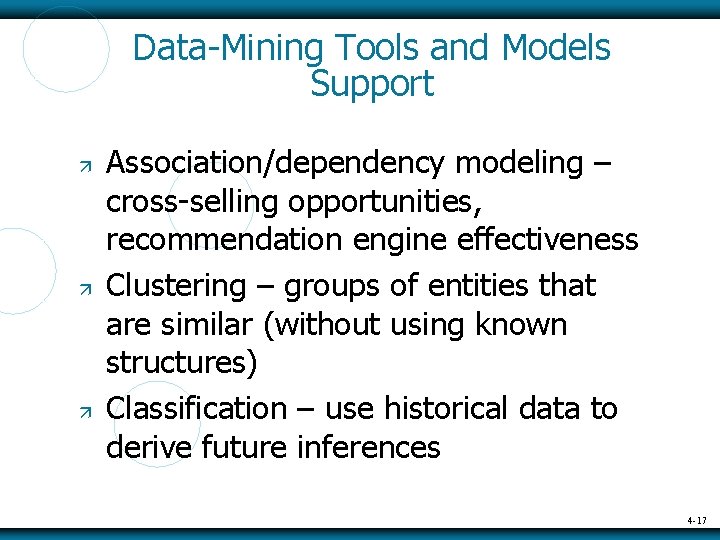 Data-Mining Tools and Models Support Association/dependency modeling – cross-selling opportunities, recommendation engine effectiveness Clustering