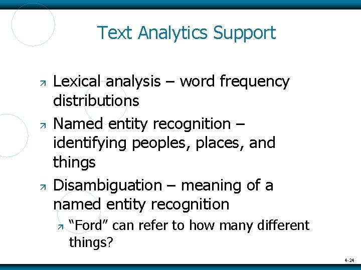 Text Analytics Support Lexical analysis – word frequency distributions Named entity recognition – identifying