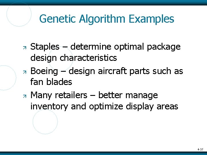 Genetic Algorithm Examples Staples – determine optimal package design characteristics Boeing – design aircraft