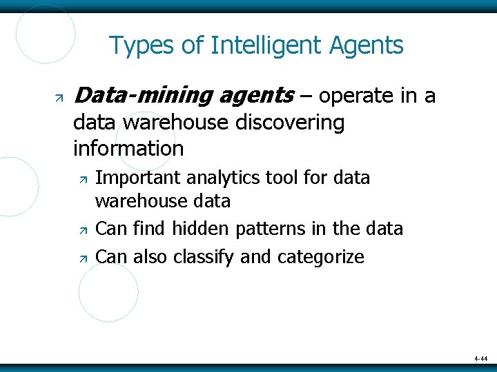 Types of Intelligent Agents Data-mining agents – operate in a data warehouse discovering information