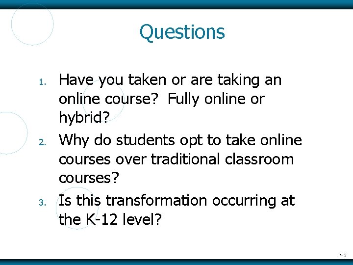 Questions 1. 2. 3. Have you taken or are taking an online course? Fully