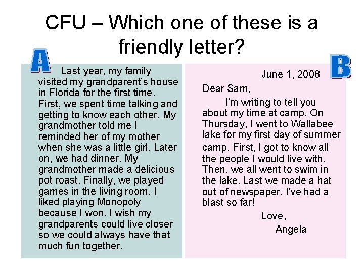 CFU – Which one of these is a friendly letter? Last year, my family
