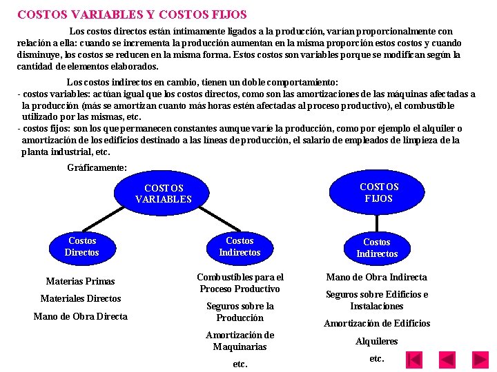 COSTOS VARIABLES Y COSTOS FIJOS Los costos directos están íntimamente ligados a la producción,