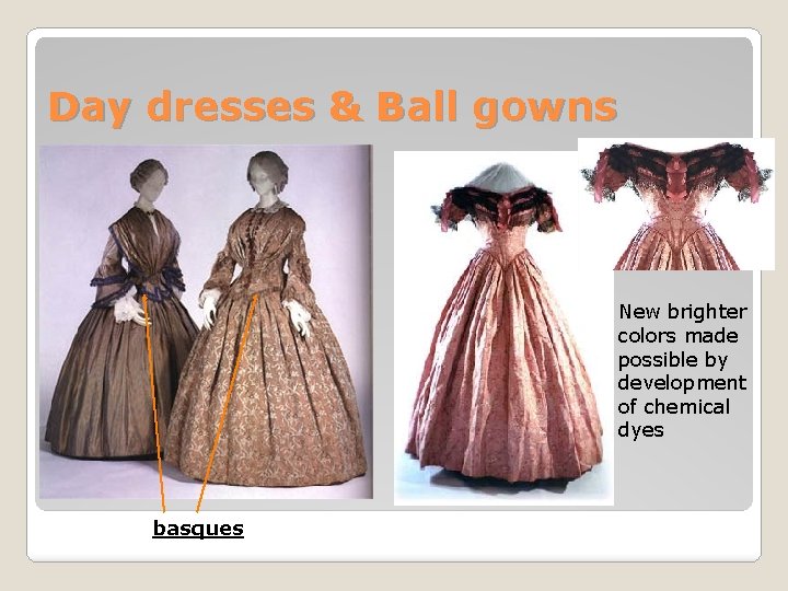 Day dresses & Ball gowns New brighter colors made possible by development of chemical