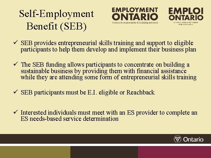 Self-Employment Benefit (SEB) ü SEB provides entrepreneurial skills training and support to eligible participants