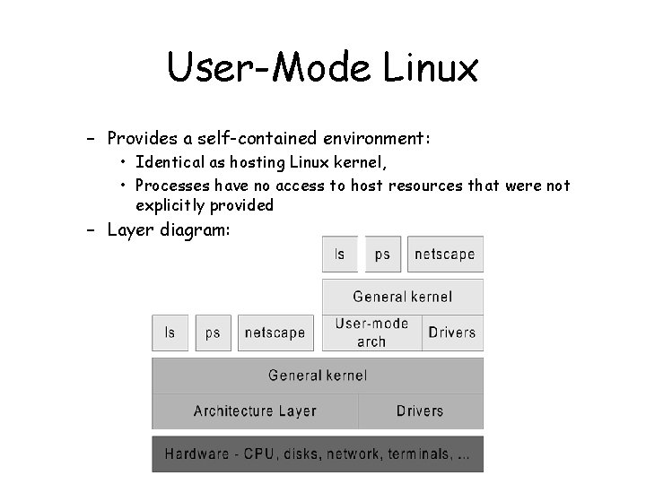 User-Mode Linux – Provides a self-contained environment: • Identical as hosting Linux kernel, •