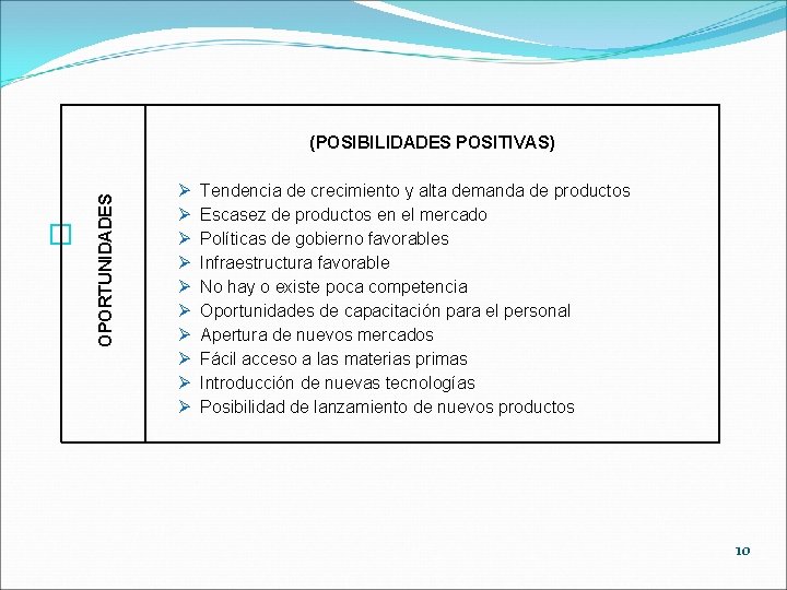 � OPORTUNIDADES (POSIBILIDADES POSITIVAS) Ø Ø Ø Ø Ø Tendencia de crecimiento y alta