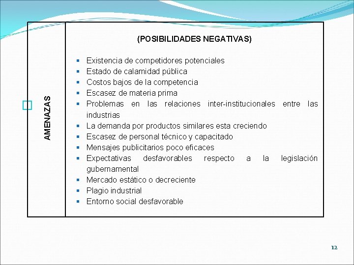 � AMENAZAS (POSIBILIDADES NEGATIVAS) § § § Existencia de competidores potenciales Estado de calamidad