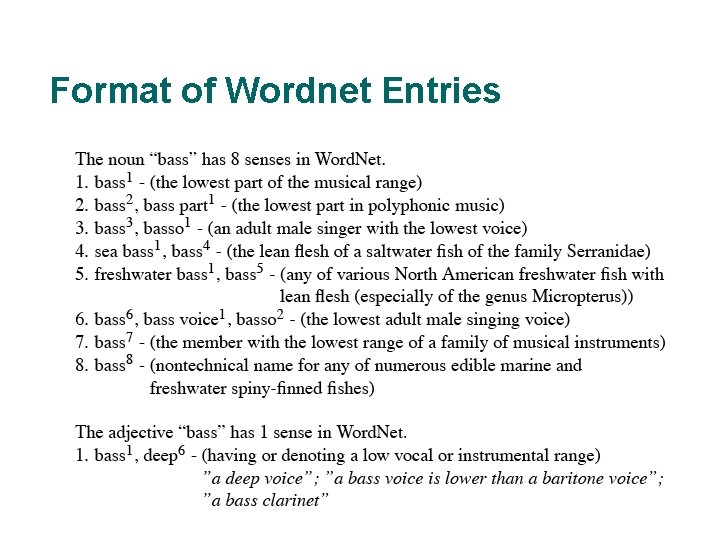 Format of Wordnet Entries 