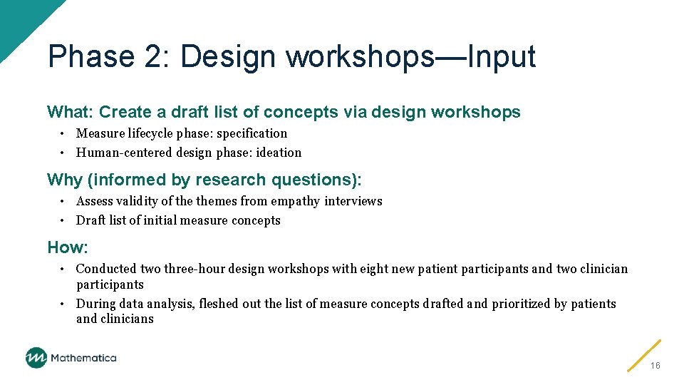 Phase 2: Design workshops—Input What: Create a draft list of concepts via design workshops