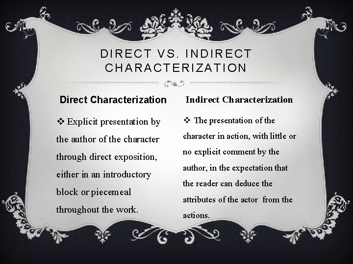 DIRECT VS. INDIRECT CHARACTERIZATION Direct Characterization Indirect Characterization v Explicit presentation by v The