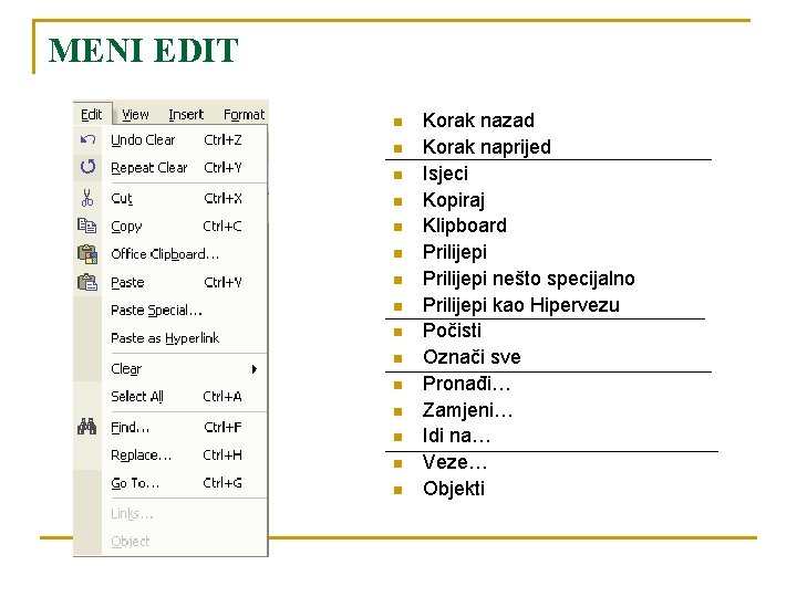 MENI EDIT n n n n Korak nazad Korak naprijed Isjeci Kopiraj Klipboard Prilijepi