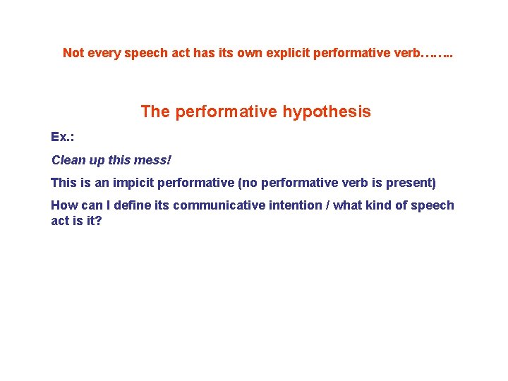 Not every speech act has its own explicit performative verb……. . The performative hypothesis Not every speech act has its own explicit performative verb……. . The performative hypothesis