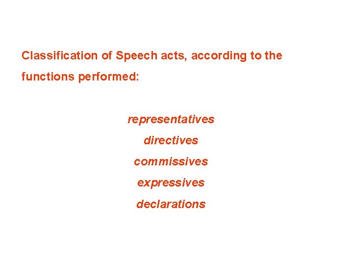 Classification of Speech acts, according to the functions performed: representatives directives commissives expressives declarations Classification of Speech acts, according to the functions performed: representatives directives commissives expressives declarations