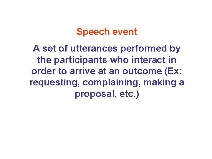 Speech event A set of utterances performed by the participants who interact in order Speech event A set of utterances performed by the participants who interact in order