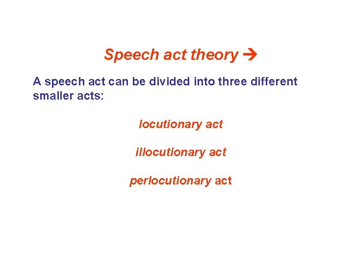 Speech act theory A speech act can be divided into three different smaller acts: Speech act theory A speech act can be divided into three different smaller acts: