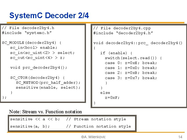 System. C Decoder 2/4 // File decoder 2 by 4. h #include “systemc. h”