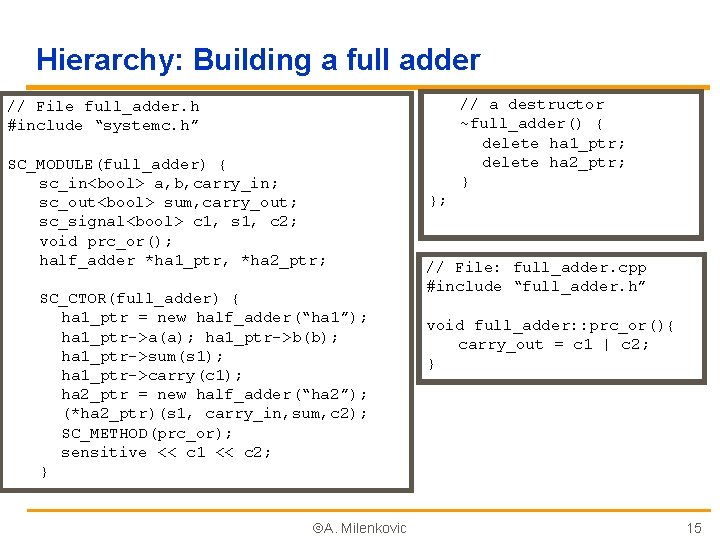 Hierarchy: Building a full adder // a destructor ~full_adder() { delete ha 1_ptr; delete