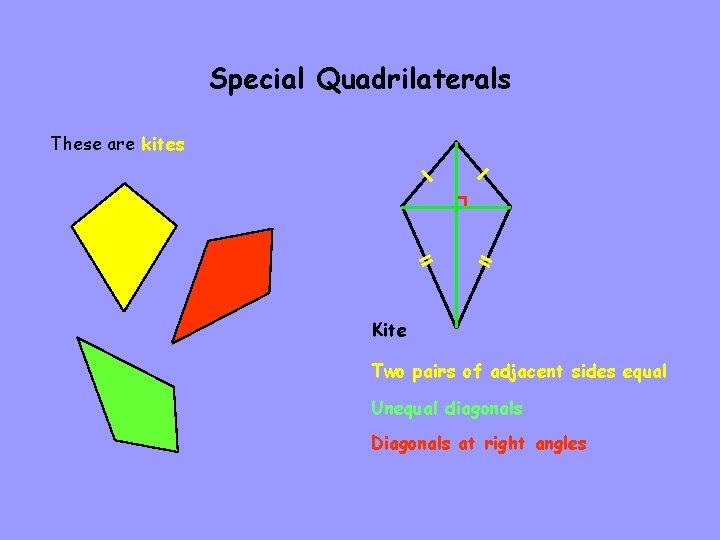 Special Quadrilaterals These are kites Kite Two pairs of adjacent sides equal Unequal diagonals