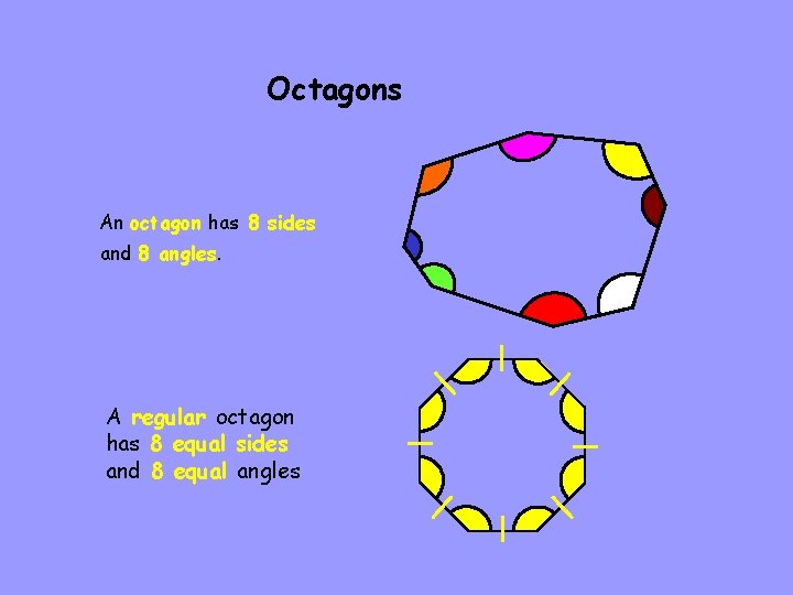 Octagons An octagon has 8 sides and 8 angles. A regular octagon has 8