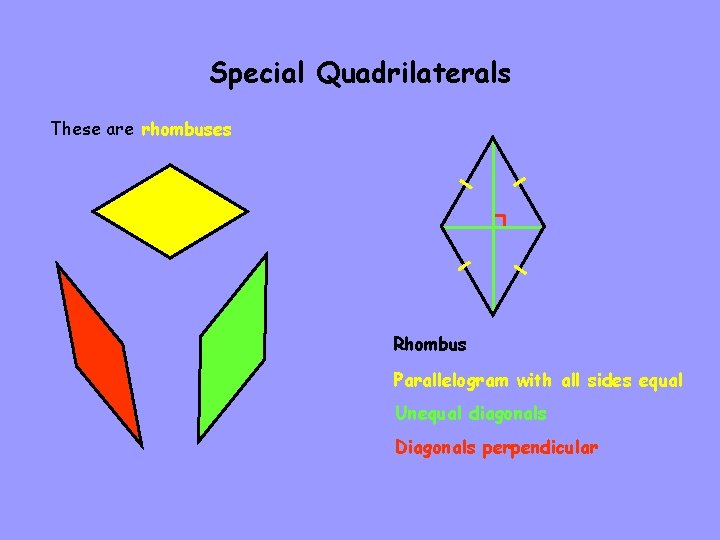 Special Quadrilaterals These are rhombuses Rhombus Parallelogram with all sides equal Unequal diagonals Diagonals