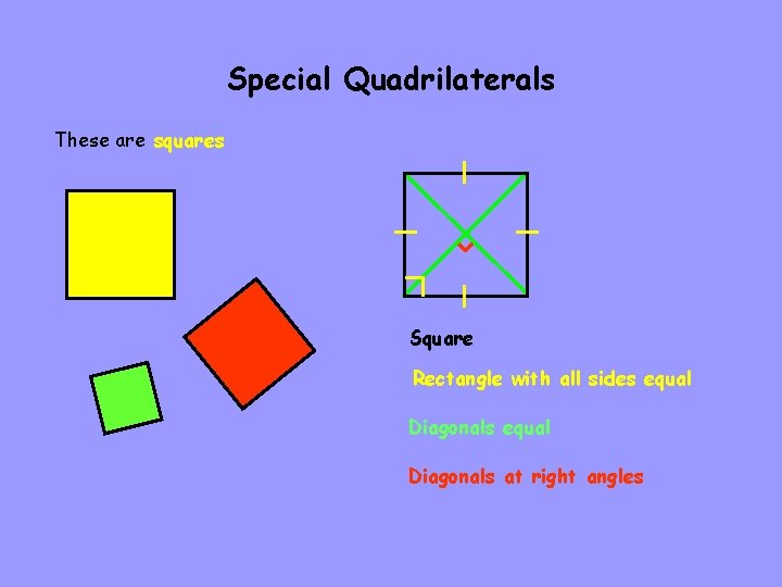 Special Quadrilaterals These are squares Square Rectangle with all sides equal Diagonals at right