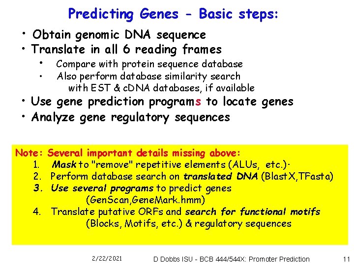 Predicting Genes - Basic steps: • Obtain genomic DNA sequence • Translate in all