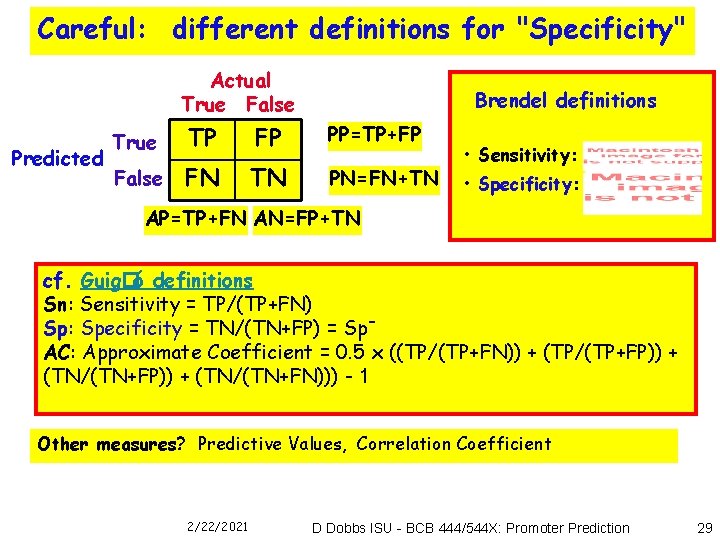 Careful: different definitions for "Specificity" Actual True False Predicted Brendel definitions True TP FP