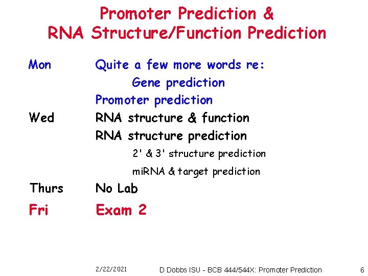 Promoter Prediction & RNA Structure/Function Prediction Mon Wed Quite a few more words re: