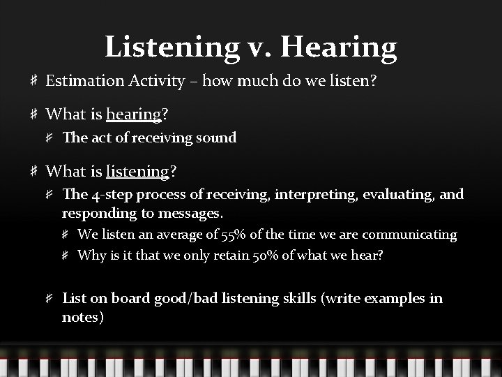 Listening v. Hearing Estimation Activity – how much do we listen? What is hearing?