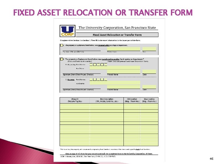 FIXED ASSET RELOCATION OR TRANSFER FORM 46 