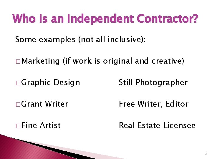 Who is an Independent Contractor? Some examples (not all inclusive): � Marketing � Graphic